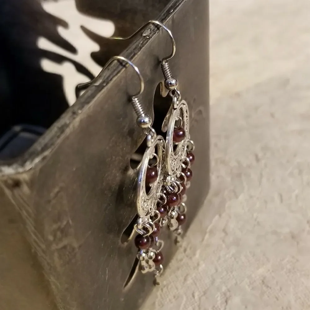 Handcrafted Natural Red Garnet Gemstone Antique Silver Chandelier Earrings